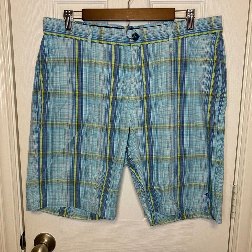 Tommy Bahama Mens Size 35 Plaid Performance Shorts Blue Green Stretch‎